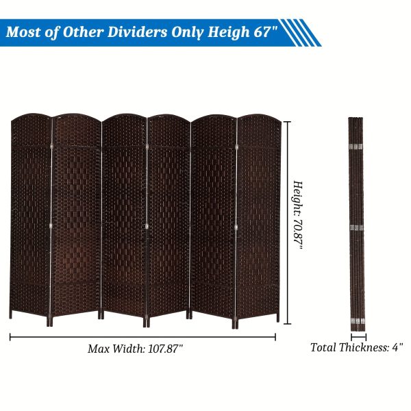 [Folding Rattan Room Divider] 6-Panel Folding Rattan Room Divider, 70.87'' H Folding Space Separator Partition Wall Dividers, Freestanding Hinged Privacy Screen
