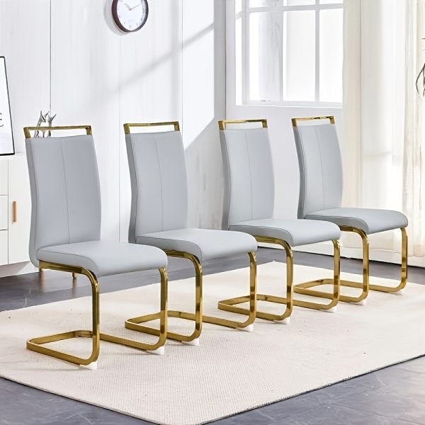 Modern Dining Chairs Set of 4, High Back White Kitchen Chairs, Faux Leather Side Chair with Gold Plated Metal Legs, Easy to Install Upholstered Dining Chairs, Ideal for Living Room, Easy to Install (Golden/Silver Leg) Local Warehouse
