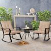 [Outdoor Rocking Chairs] 3pcs Outdoor Rocking Chairs Bistro Set, Black Iron Patio Furniture With Red Thickened Cushion & Glass-Top Coffee Table
