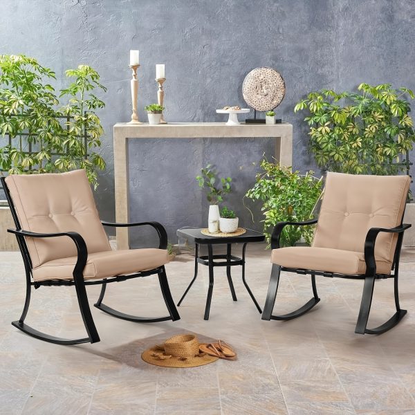 [Outdoor Rocking Chairs] 3pcs Outdoor Rocking Chairs Bistro Set, Black Iron Patio Furniture With Red Thickened Cushion & Glass-Top Coffee Table