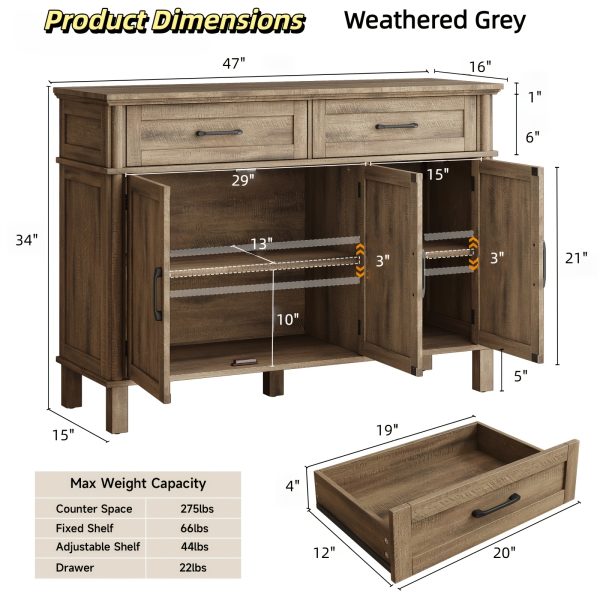 product-fancy-9e96a258-2f28-44d7-8741-f17dd9781c63 Farmhouse 48 Inch Buffet Cabinet with Storage, 48 Inch Sideboard with 2 Drawers And 3 Doors - Wood Coffee Bar Cabinet with Adjustable Shelves for Kitchen, Dining Room, Living Room