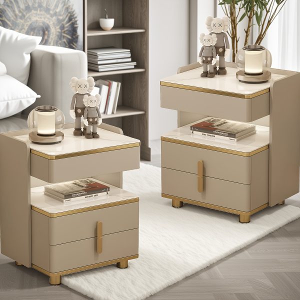 product-fancy-9f0fb157-9e3c-4587-93ad-95be071fc979 Modern Marble-Top Nightstand with Golden Trim, 3-Drawer Beside Table with Open Shelf, Tempered Glass Countertop, Rounded Corners And Silent Slides for Bedroom, Luxury Minimalist Storage Cabinet 1/2pcs