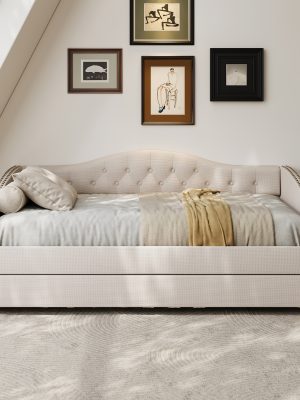 79.5" Tufted Linen Upholstered Daybed with Trundle Frame No Box Spring Needed for Living Room Bedroom