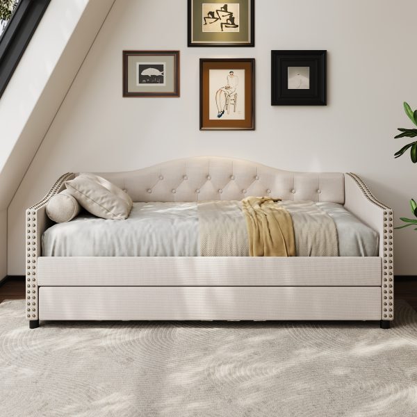 product-fancy-9fc1feca-f049-4f97-ba0a-cf5e6af8cffc 79.5" Tufted Linen Upholstered Daybed with Trundle Frame No Box Spring Needed for Living Room Bedroom