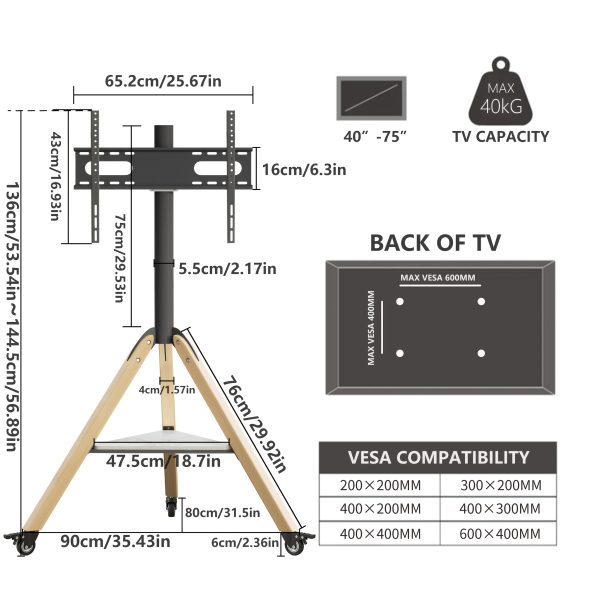 product-fancy-a05bac2c-134e-4717-9615-d72ccfab5dd1 AESOME Universal Swivel Tripod Easel TV Stand for 40-75 Inch LED LCD Screen Height Adjustable Studio TV Display Stand with Sintered Stone Shelf for Bedroom, Living Room Max Load 88lbs, 600*400mm