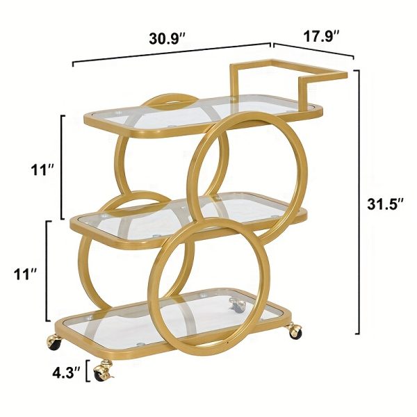 Golden Bar Carts with 3-Tier Shelves, Rolling Bar Carts on Wheels, Kitchen Serving Cart for Dining Room, Glass Bar Carts for Home Use, Round Bar Carts, Wine Carts