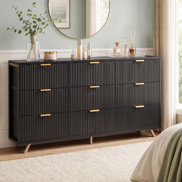 Bedroom Dresser with 9 Drawers, 57" Wide Modern Chest of Drawers, Wooden Dresser TV Stand, Wood Closet Clothes Storage Organizer for Living Room, Hallway, Natural Oak