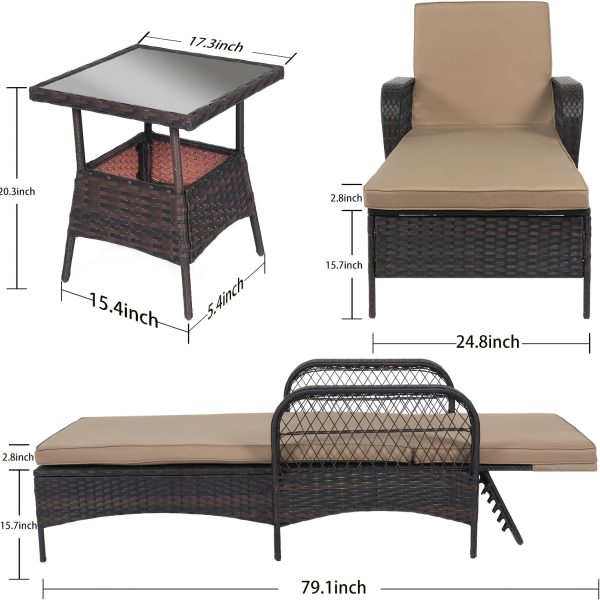 [3pcs Wicker Chaise Set] LEVELEVE 3pcs Outdoor Wicker Chaise Lounge Set with Foam Cushions & Tea Table - All-Weather PE Rattan Recliner Chairs Suitable for Backyard, Poolside, Patio Furniture, Adjustable Chaise Loungers for Deck, Porch, Garden