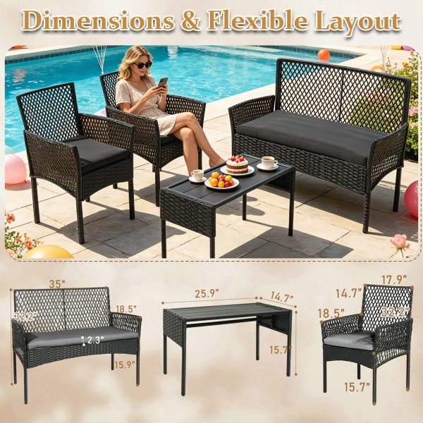 [Outdoor Rattan Set] 4pcs Outdoor Wicker Patio Furniture Set Rattan Conversation Group With Cushions, Coffee Table For Porch, Garden, Poolside & Backyard, Black - Patio Furniture Outdoor