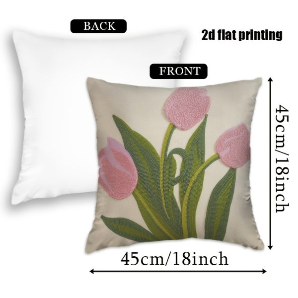 product-fancy-a0b92217-177a-47ed-b76e-522fc3e8f43d 2D Flat,Terrace Cushion Cover,1pc 18X18 Inches Quare Pillow Cover, Embroidery Features Three Pink Tulips with Green Leaves and Stems.,Decoration, Gifts,Valentine Festival Gifts,Outdoor Indoor,Garden Decoration, 2D Flat