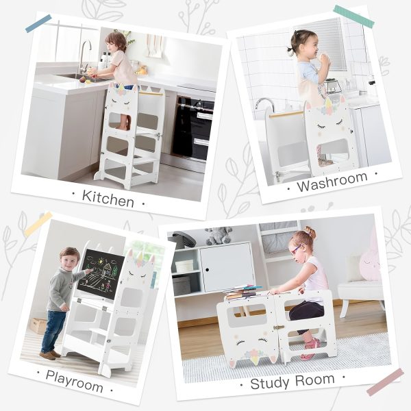 product-fancy-a171167c-60d0-4730-ad32-2587bff28395 Wooden Foldable Learning Tower with Blackboard - 3-In-1 Step Stool And Assisted Standing Tower, Foldable Kids Table And Chair Set, for Toddlers 18+ Months
