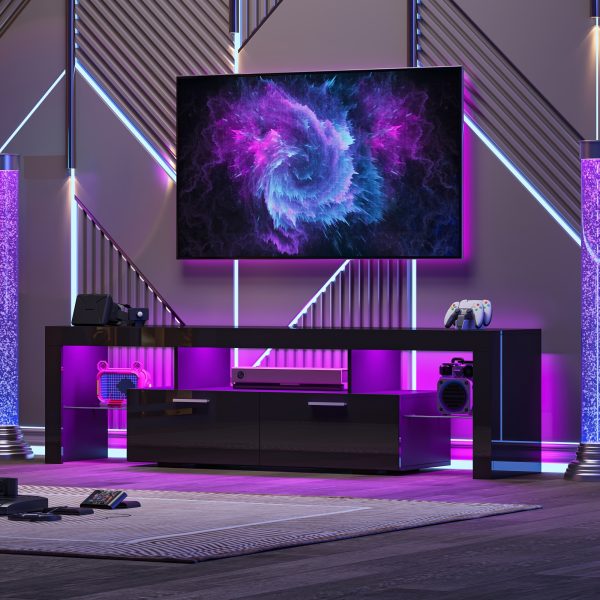 product-fancy-a1759341-9761-45c2-afc5-1082ab34a5ca 71" High Gloss LED TV Stand for 55/65/75/80 Inch TVs, Gaming Entertainment Center with Cabinet for PS5, Modern Media Console TV Stand with LED Lights, Wood Television Stand with Storage for Living Room, Game Room, Bedroom, White/Black