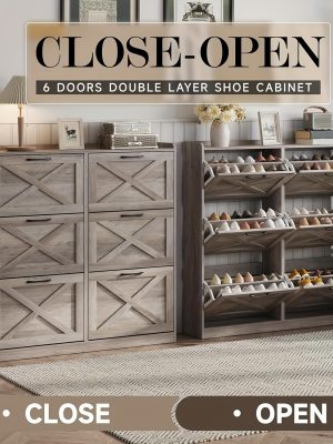 Washed Gray Shoe Storage Cabinet with 6 Flip Drawers | Narrow Freestanding Shoe Cabinet and Shoe Storage Organizer with Metal Handles for Entryway, Large Shoe Rack Organizer, Modern Farmhouse Style, Ideal for Shoe Racks, Made of Particle Board