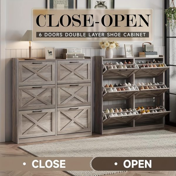 product-fancy-a181aa34-69b9-41ea-8ce2-d2e22632c022 Washed Gray Shoe Storage Cabinet with 6 Flip Drawers | Narrow Freestanding Shoe Cabinet and Shoe Storage Organizer with Metal Handles for Entryway, Large Shoe Rack Organizer, Modern Farmhouse Style, Ideal for Shoe Racks, Made of Particle Board