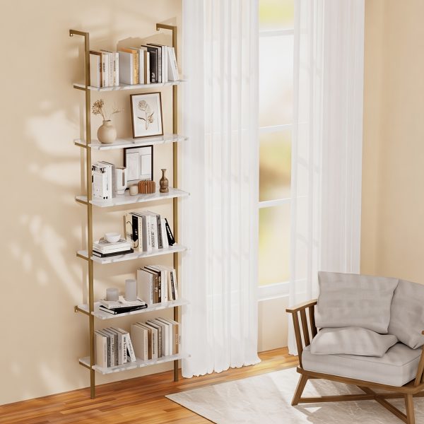 product-fancy-a1890d6b-815b-49ab-8a57-bf435c5eecc0 6 Tier Industrial Wall Mounted Shelves, White Faux Marble Floating Shelves, Open Storage Display Plant Rack for Living Room Kitchen Bedroom Office