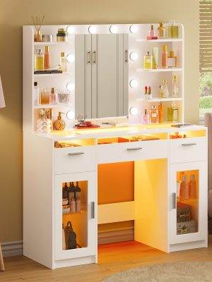TOMNK Large Dressing Table with LED Mirror, Makeup Vanity, 3 Drawers, 4 Shelves, Ample Storage Space, Suitable for Bedrooms And Bathrooms, in White
