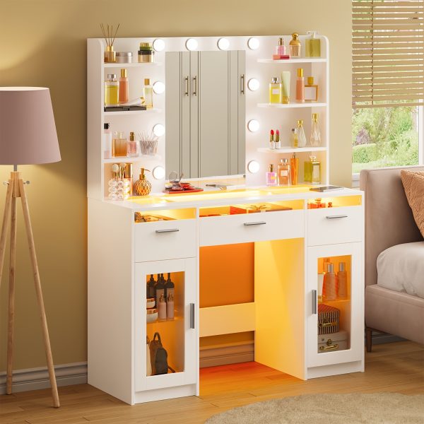 product-fancy-a1c72f40-e053-4f51-a551-e5a99a3466d2 TOMNK Large Dressing Table with LED Mirror, Makeup Vanity, 3 Drawers, 4 Shelves, Ample Storage Space, Suitable for Bedrooms And Bathrooms, in White