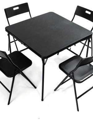 5pcs Card Table And Chairs, Portable And Foldable, 34-inch Plastic Folding Dining Table with Chairs Set Of 4 for Outdoor, Parties, Events, Picnic, Camping, And Game, Black