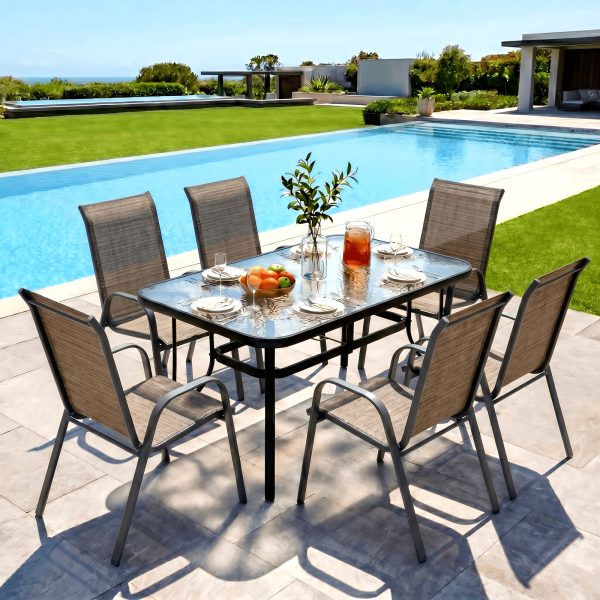 7pcs Outdoor Table And Chairs for 6, Outdoor Dining Set W/Rectangle Glass Table And 6 Patio Textilene Stackable Chairs, Patio Furniture Set W/Umbrella Hole, Umbrella Not Included