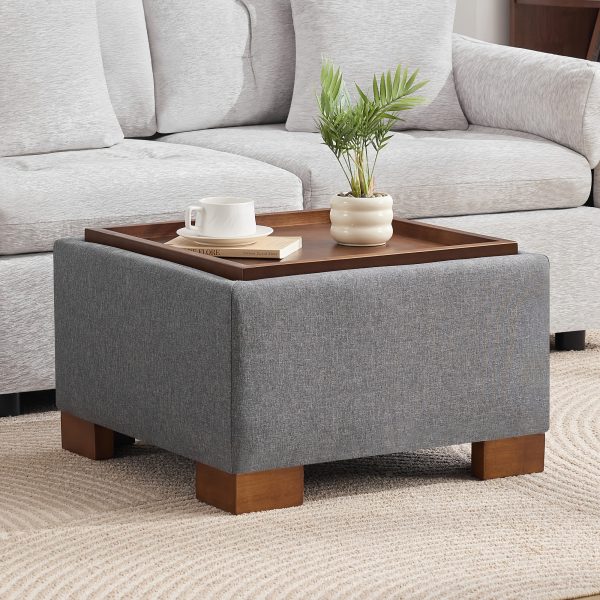 product-fancy-a30ca41b-40d9-4d8d-a008-e4dca670b2a5 24" Square Ottoman Coffee Table With Storage, Fabric Ottomans With Tray And Solid Wood Legs For Living Room, Bedroom And Apartments, Small Modern Ottoman Tea Table With Lift-Off Lid