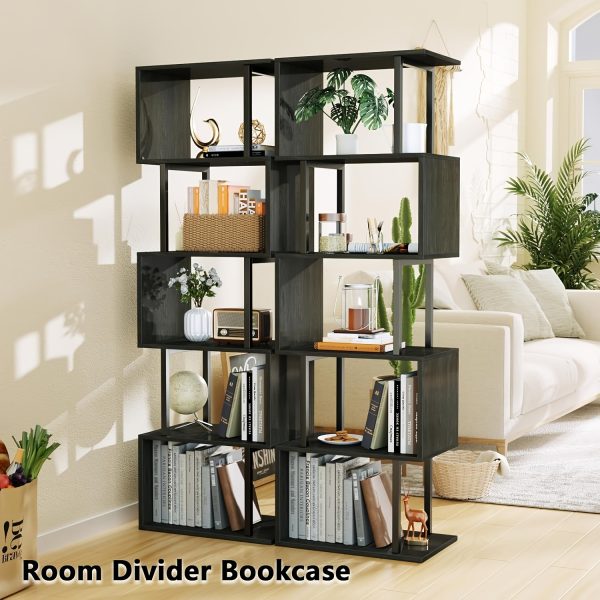 product-fancy-a354112c-c727-4c06-8a5d-a6982890f121 6-Tier Tall Bookshelf, Lofty Geometric Book Cabinet, S-Shaped Industrial-Style Display Freestanding Bookshelf, Metal And Wood Decorative Storage Partition Rack, Suitable for Bedroom, Living Room, Office, Black/White