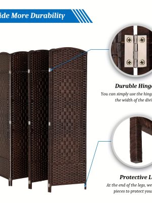 [Folding Rattan Room Divider] 6-Panel Folding Rattan Room Divider, 70.87'' H Folding Space Separator Partition Wall Dividers, Freestanding Hinged Privacy Screen