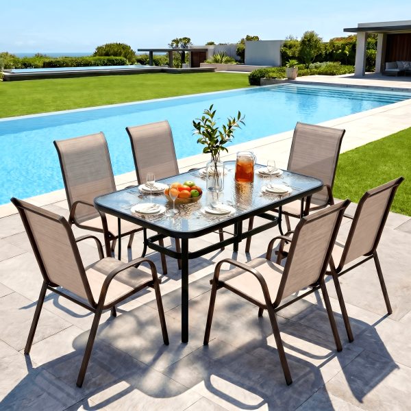 product-fancy-a37bb41f-4691-45af-9572-8ff14d0c65fc 7pcs Outdoor Dining Table and Chairs for 6 People - Textilene Stackable Patio Furniture with Glass Table & Umbrella Hole Base Suitable for Deck, Poolside,, Backyard - Umbrella Not Included