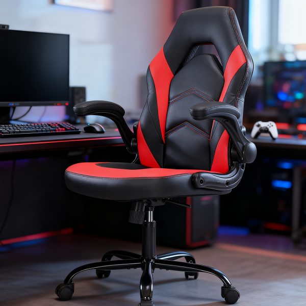 product-fancy-a3ccad08-2050-46f4-95f4-4ab0d12c48a2 Ergonomic Gaming Chair | High Back, Flip-up Armrest, Wheeled, Height Adjustable 360°-Swivel, Sponge Filled, Solid Back Style, Synthetic Faux Leather, Lumbar Support, Manual Recliner, Wipe Clean - ANTONIA