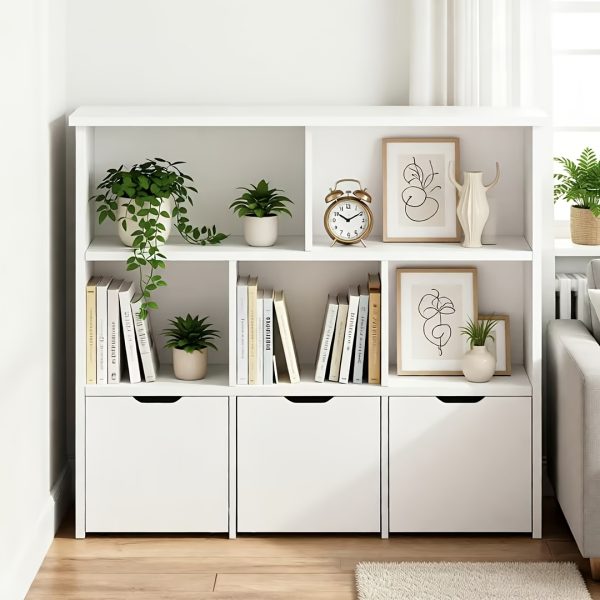 product-fancy-a3d9a0b1-59f6-4279-be66-7ffe52f947ef Modern Bookcase with 5 Cubes, 3 Movable Drawers and Hidden Wheels | Sturdy Construction, Multifunctional Organizer with Spacious Storage, White, Freestanding for Living Room