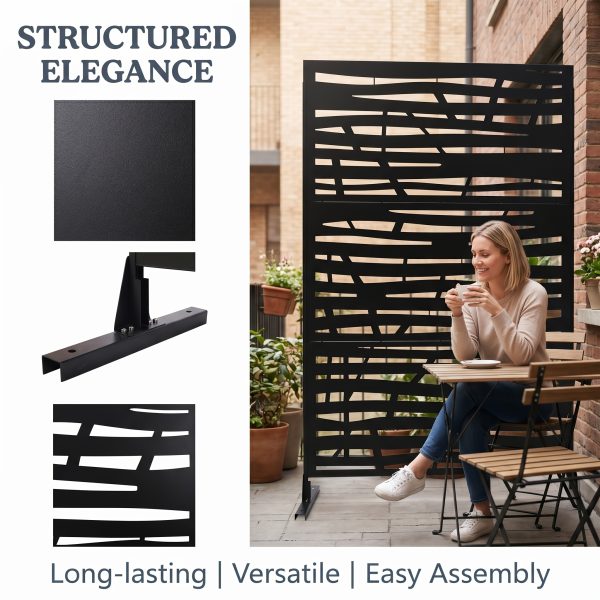 product-fancy-a3e67a2d-c494-4d0d-941e-07e16038e6da Freestanding Black Metal Privacy Screen 76"x48", Bold Indoor Outdoor Decorative Fence Panel Divider for Deck Balcony Patio Backyard Lawn Garden Pool Yard Porch Front Yard Bedroom Living Room Office Studio Entryway Hallway Restaurant Decorative Fence