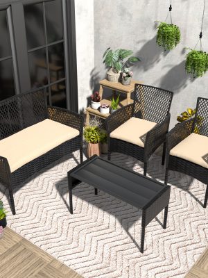 [Outdoor Rattan Set] 4pcs Outdoor Wicker Patio Furniture Set Rattan Conversation Group With Cushions, Coffee Table For Porch, Garden, Poolside & Backyard, Black - Patio Furniture Outdoor