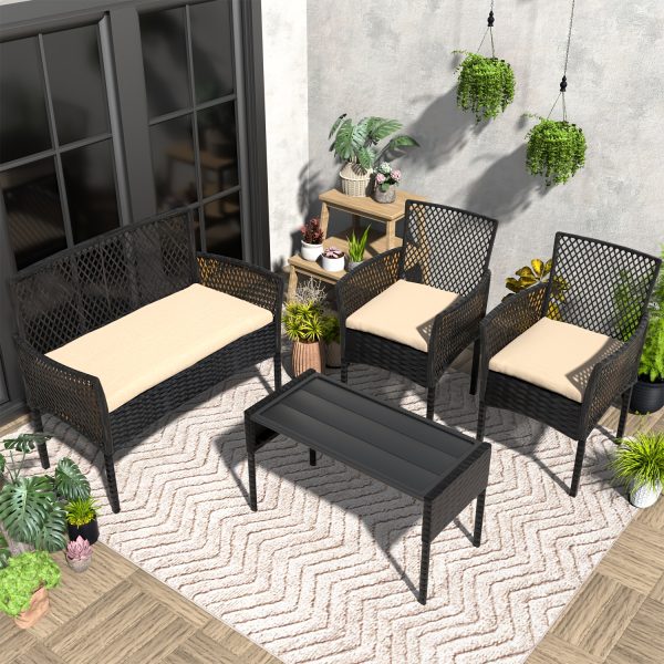 [Outdoor Rattan Set] 4pcs Outdoor Wicker Patio Furniture Set Rattan Conversation Group With Cushions, Coffee Table For Porch, Garden, Poolside & Backyard, Black - Patio Furniture Outdoor