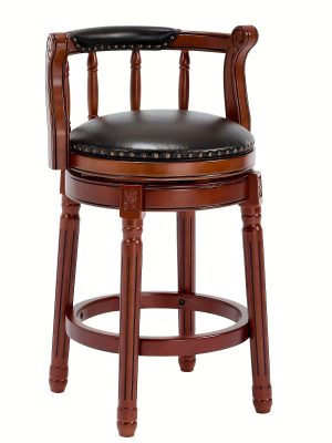 360° Swivel Modern Bar Stool with Premium Leather Seat and Dark Wood Finish - Hand-Nailed Trim, Durable Rubberwood Construction, Suitable for Kitchen Island, Home Bar, or Dining Area