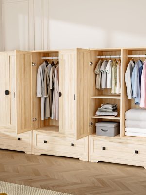 Bonnlo Freestanding Wide Armoire Wardrobe Closet with Shelves, Hanging Rod And Drawers for Bedroom