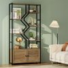 product-fancy-a444ed4e-b621-42a9-84e7-3145658706d0 76'' Tall Industrial Bookshelf with Doors, Display Large Bookcase With Storage and Organization Cabinet, Unique Geometric Metal Frame Design, Sturdy Wooden Shelves, Organizer for Library, Living Room, Bedroom, Office, White and Golden/Brown and Black