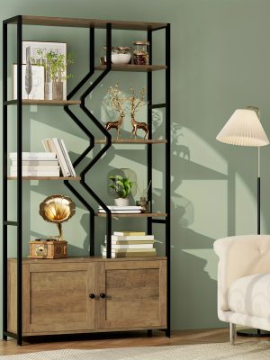 76'' Tall Industrial Bookshelf with Doors, Display Large Bookcase With Storage and Organization Cabinet, Unique Geometric Metal Frame Design, Sturdy Wooden Shelves, Organizer for Library, Living Room, Bedroom, Office, White and Golden/Brown and Black
