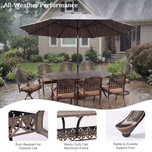 9pcs Cast Aluminum Outdoor Patio Dining Set - Ornate Scrollwork Design, Weather-Resistant Rust-Proof Frame, Oval Table And 8 Cushioned Chairs, Suitable for Garden, Backyard And Poolside Seating