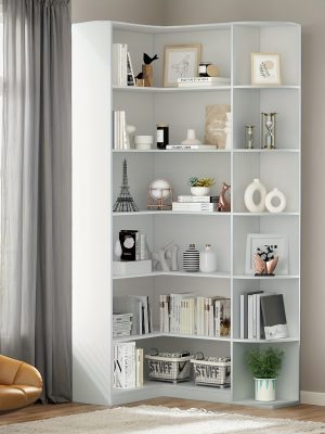Contemporary 71-Inch Tall Bookshelf, a Standalone Corner Unit, Finished in an Elegant White, Offers 6 Levels of Storage with a Complete Backsplash, Ideal for Enhancing The Functional Aesthetics of Your Living Room, Bedroom, And Office