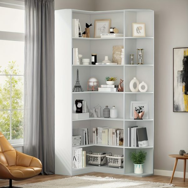 product-fancy-a4b7ed01-b949-43fd-bfc5-443d01f0ea0d Contemporary 71-Inch Tall Bookshelf, a Standalone Corner Unit, Finished in an Elegant White, Offers 6 Levels of Storage with a Complete Backsplash, Ideal for Enhancing The Functional Aesthetics of Your Living Room, Bedroom, And Office