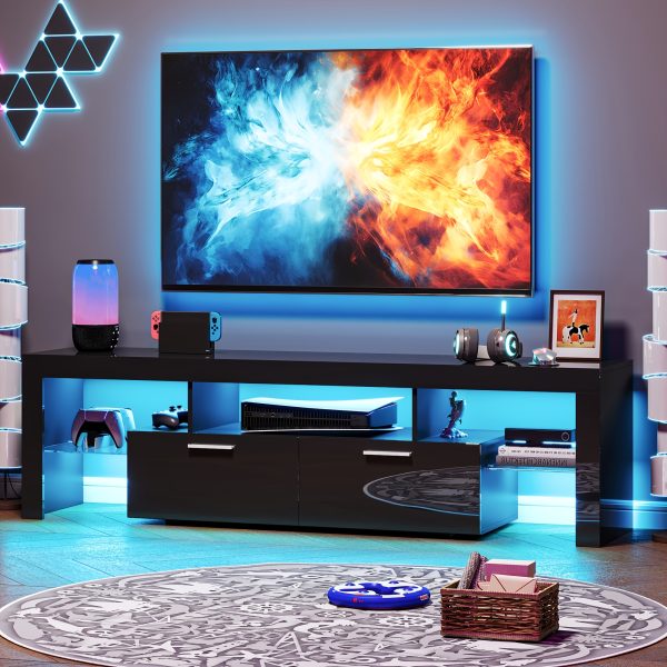 product-fancy-a4d6ad8d-b6c7-4e5b-b2a9-40dffc8858f6 71" High Gloss LED TV Stand for 55/65/75/80 Inch TVs, Gaming Entertainment Center with Cabinet for PS5, Modern Media Console TV Stand with LED Lights, Wood Television Stand with Storage for Living Room, Game Room, Bedroom, White/Black