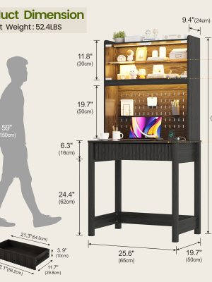 HWB Modern Computer Desk with Pegboard, 64" Home Office Desk with LED Lights & Charging Station, Small Study Desk with Hutch And Storage Shelves for Bedroom