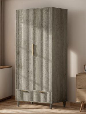 Bonnlo Fluted Wardrobe Armoire - Freestanding Wood & MDF Cabinet with Hanging Rack, Shelves & Drawers, Pre-Assembled Bedroom Closet Suitable for Apartments, Dorms, Small Spaces