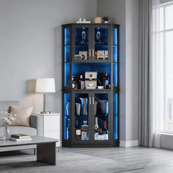 product-fancy-a56f52ee-6dd6-4db7-8afa-0cb06af2a670 65" Tall Corner Wine Bar Cabinet with LED Lights, 4-Tier Liquor Storage Cabinet with Glass Door, Space Saving Organizer for Living Room & Kitchen (Black/White)