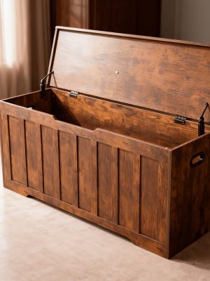 A Large Storage Desk Measuring 47.2 Inches, Featuring a Storage Box Equipped with Two Safety Gel Buffer Hinges. This Box Is Suitable for Use in The Living Room Or Bedroom, Can Support Up to 150 Pounds, Has Two U-Shaped Cutouts