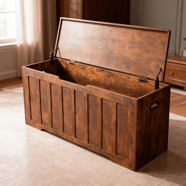 A Large Storage Desk Measuring 47.2 Inches, Featuring a Storage Box Equipped with Two Safety Gel Buffer Hinges. This Box Is Suitable for Use in The Living Room Or Bedroom, Can Support Up to 150 Pounds, Has Two U-Shaped Cutouts
