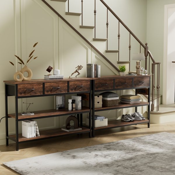 product-fancy-a62d3e8c-b117-490e-86c6-81d0307e9eef 3-Tier Console Table with Charging Station (2 AC Outlets + 2 USB Ports) - Hardwood Entryway Sofa Table with 3 Breathable Fabric Drawers & Open Shelves, Adjustable Feet, Modern Rustic Design for Narrow Spaces, Living Room, Hallway