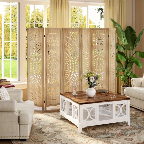 product-fancy-a670c3ef-d162-400d-8174-d3dbc940fd30 3/6 Panel Boho Folding Room Divider - Carved Wood Privacy Screen, Adjustable Indoor/Outdoor Farmhouse Partition with Lightweight HDF Board & Wood Veneer Panels, Portable Room Divider for Home, Office, Garden, Patio Suitable for Privacy Screening
