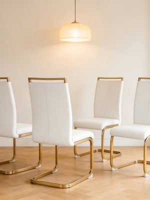 Modern Dining Chairs Set of 4, High Back White Kitchen Chairs, Faux Leather Side Chair with Gold Plated Metal Legs, Easy to Install Upholstered Dining Chairs, Ideal for Living Room, Easy to Install (Golden/Silver Leg) Local Warehouse