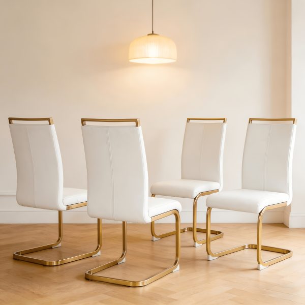 Modern Dining Chairs Set of 4, High Back White Kitchen Chairs, Faux Leather Side Chair with Gold Plated Metal Legs, Easy to Install Upholstered Dining Chairs, Ideal for Living Room, Easy to Install (Golden/Silver Leg) Local Warehouse