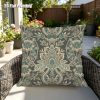 product-fancy-a7155584-b60c-40e3-b3bd-3da92f837b22 2D Flat, Terrace Cushion Cover, 1pc 18X18 Inches Square Pillow Cover, A Dark Gray Background Features an Intricate, Symmetrical Pattern with Teal, Cream, And Golden Floral Motifs, Including Large Central Blooms, Leaves, And Scrollwork